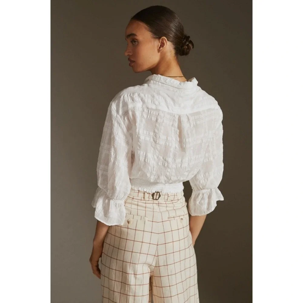 Anthropologie White Gauze Wrap Top Sz S 3/4 Puff Sleeve Collared Light Romantic